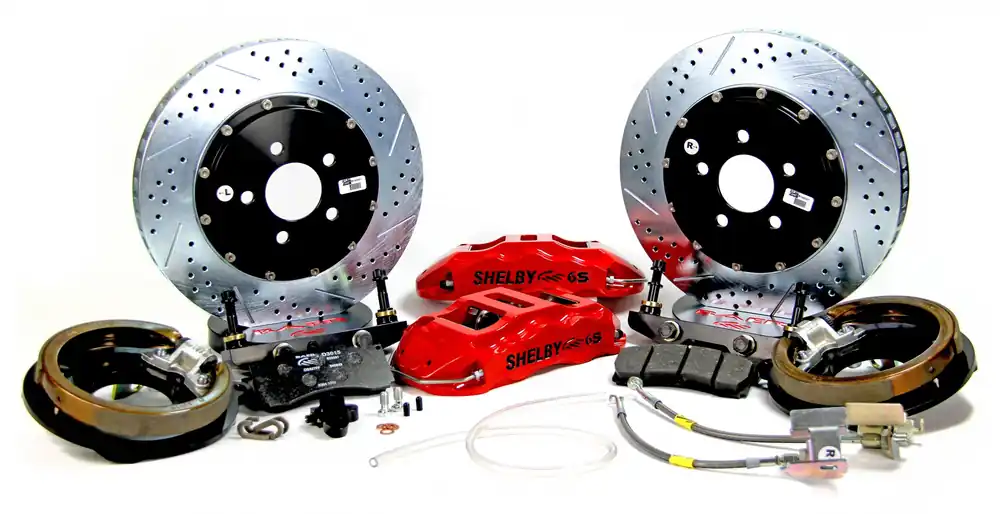 Brake System 14 Inch Rear Extreme+ with Park Brake Shelby Logo Red Ford 9 Inch 5 on 5 Big Bearing BAER Brakes Exclusive Offer
